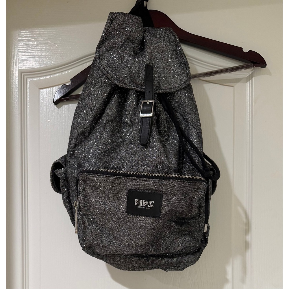 Pink Victorias Secret Glitter Backpack Silver Gunmetal Sparkle School Bag Large